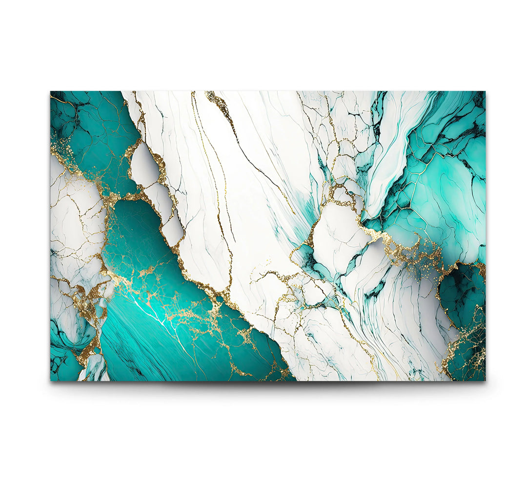 Teal and White Marble Wall Art – Luxury Abstract Glass Print with Gold Veins for Modern Interiors - MyPhotoStation