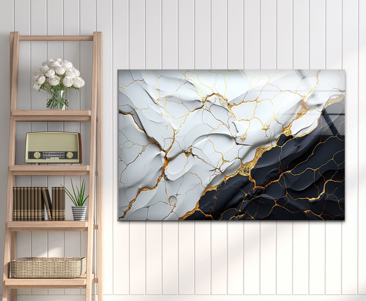 Elegant Cracked Marble Wall Art – Black White Gold Abstract Glass Print