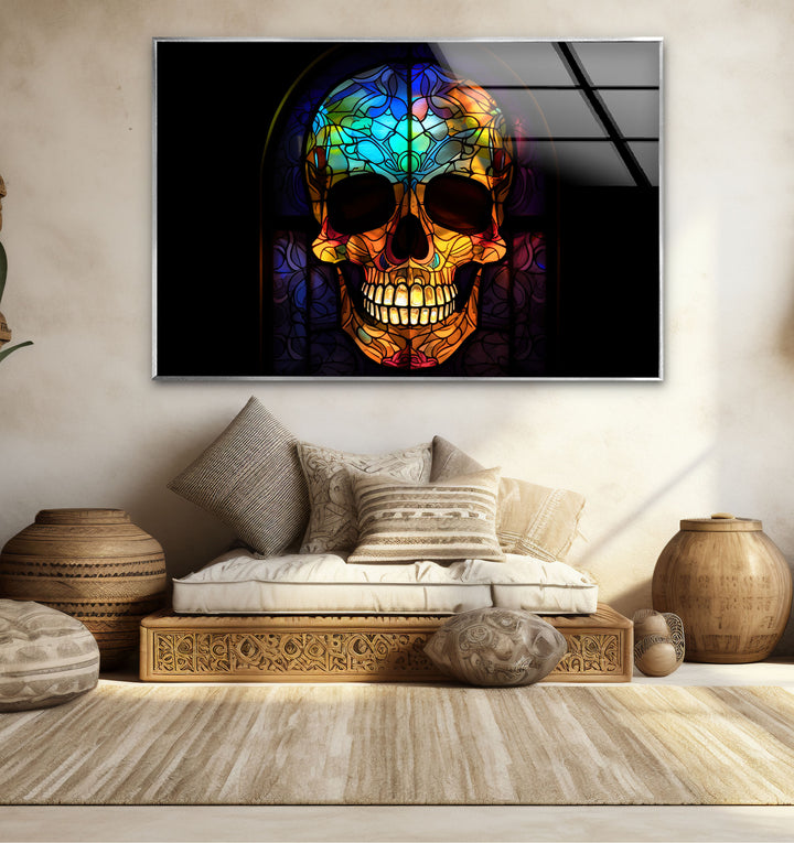 Gotischer Totenkopf Buntglas Wandkunst – Dunkles ästhetisches Fensterdesign, ausgefallene Wohndekoration 