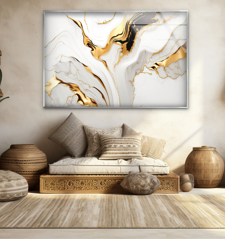 White Gold Marble Abstract Wall Art – Modern Luxury Glass Print for Elegant Interiors