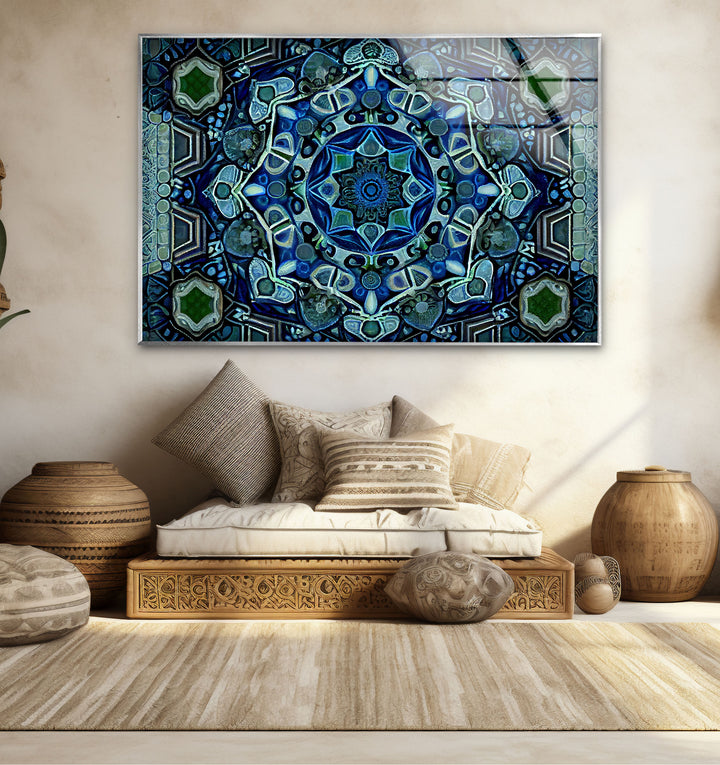Blue Mandala Glass Wall Art – Intricate Geometric Design, Modern Home & Office Decor