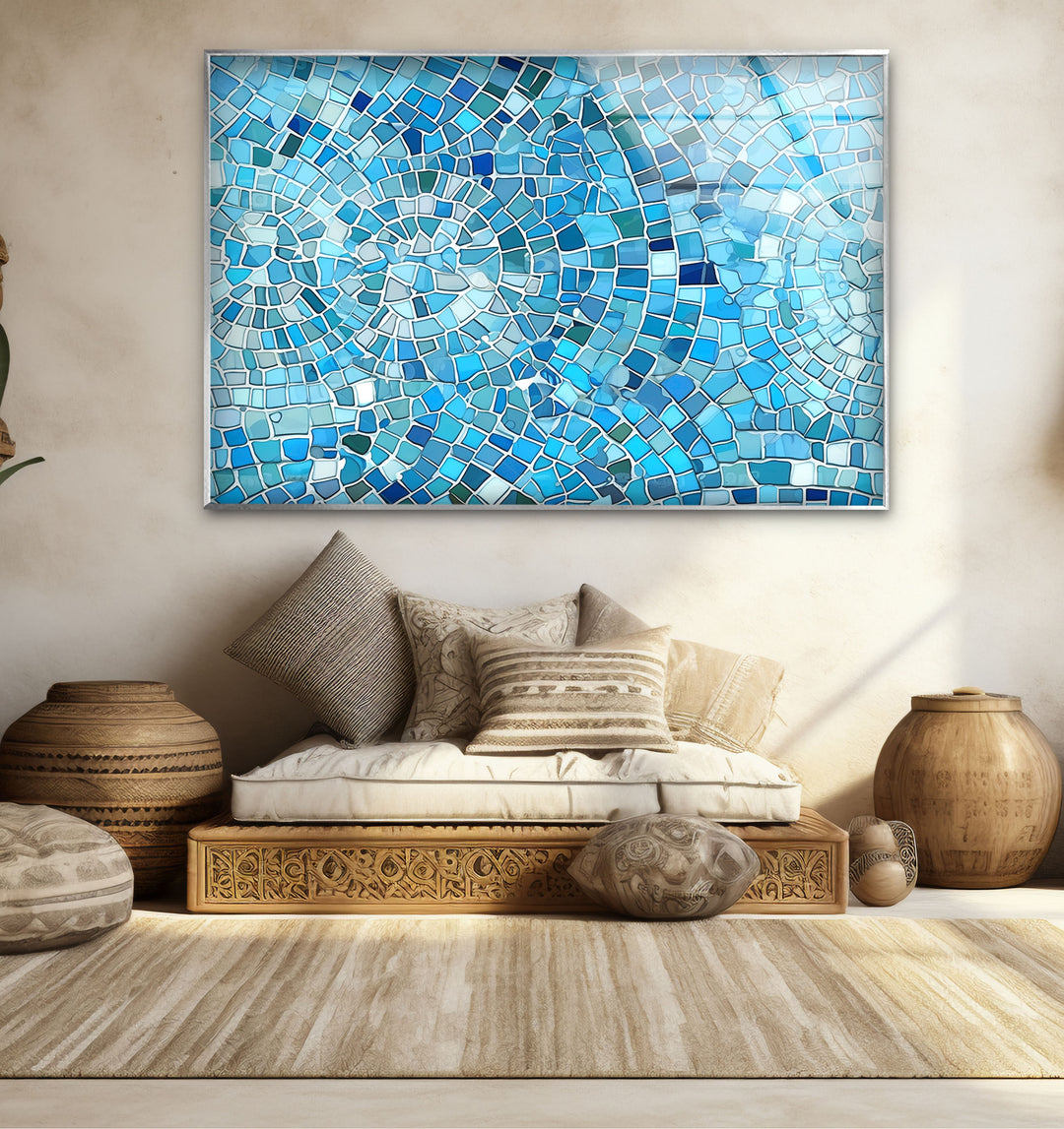 Aqua Blue Mosaic Glass Wall Art – Coastal Geometric Decor for Bathroom & Spa