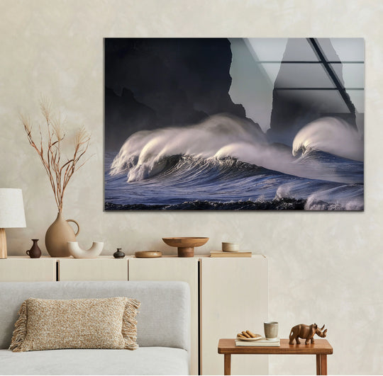Crashing tempest waves, the loudest element of this ocean storm glass wall art, creates a dramatic seascape as striking glass wall art decor.