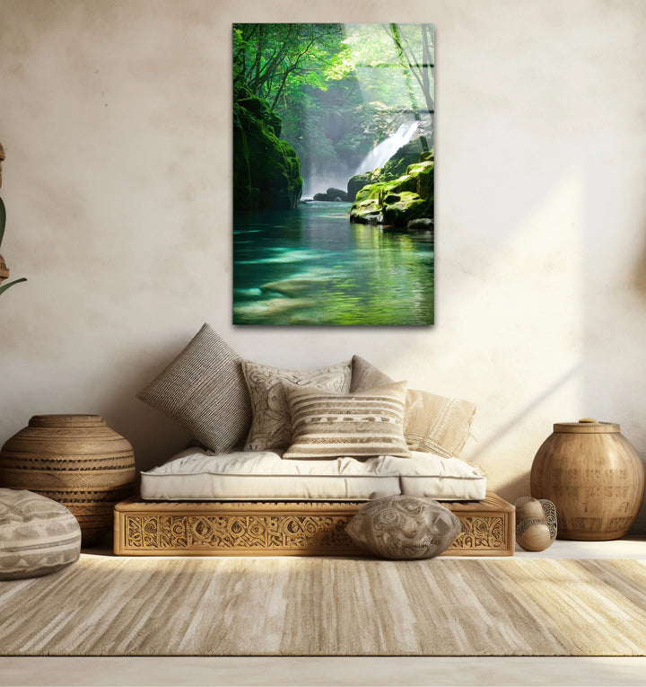 Tranquil Forest Waterfall Wall Art – Serene Nature Glass Print for Zen-Inspired Decor - MyPhotoStation