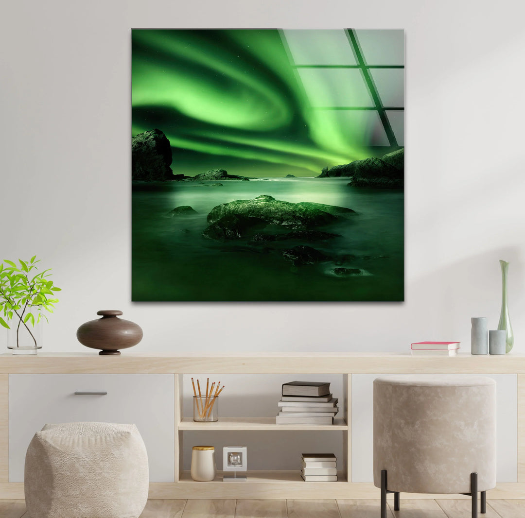 Northern Lights Aurora Borealis Wall Art – Green Sky Glass Print for Modern Interiors - MyPhotoStation