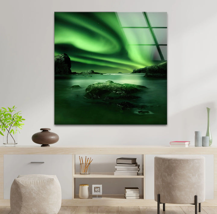 Northern Lights Aurora Borealis Wall Art – Green Sky Glass Print for Modern Interiors - MyPhotoStation