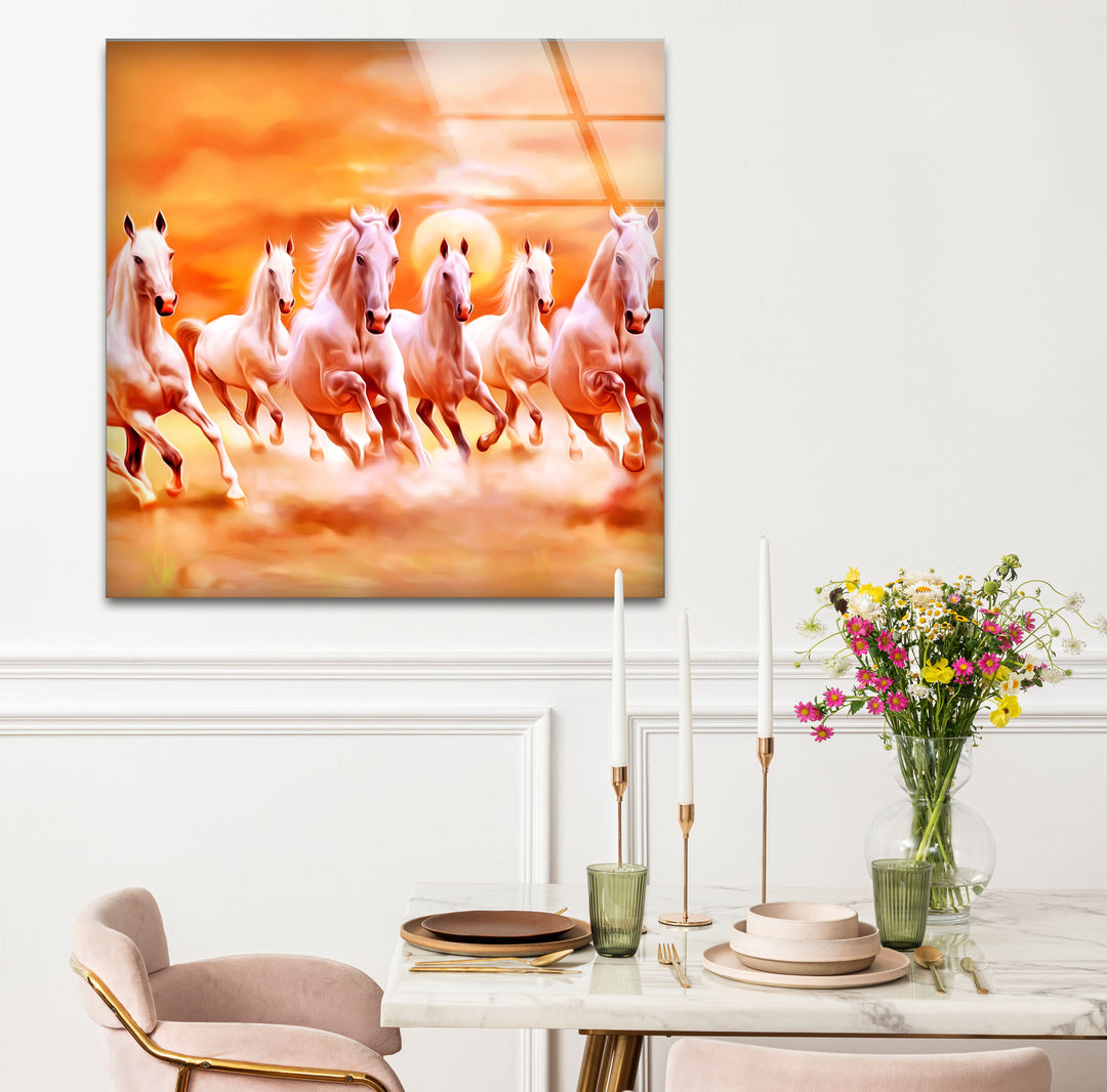 Wandkunst mit sieben laufenden Pferden – Spirituelle Sonnenaufgangsszene, Glasdruck