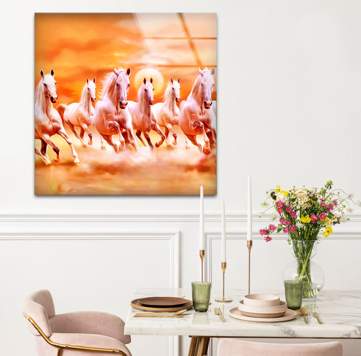 Wandkunst mit sieben laufenden Pferden – Spirituelle Sonnenaufgangsszene, Glasdruck