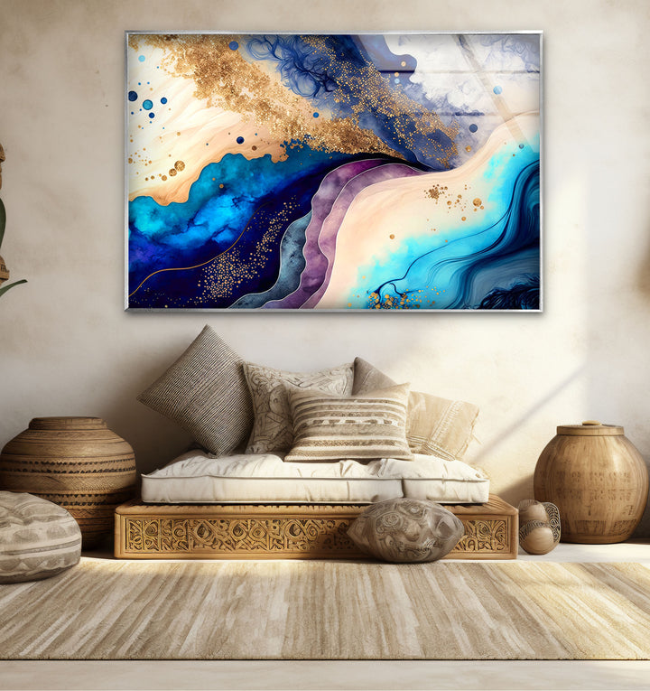Elegant Blue & Gold Abstract Glass Wall Art – Luxury Modern Decor