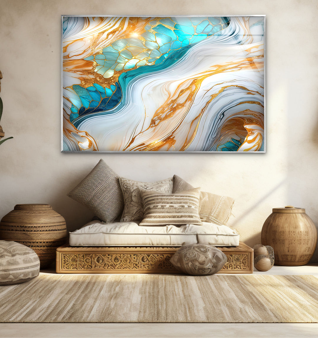 Luxuriöse Wandkunst aus goldenem und türkisfarbenem Marmor – Abstraktes, fließendes Design für moderne Innenräume