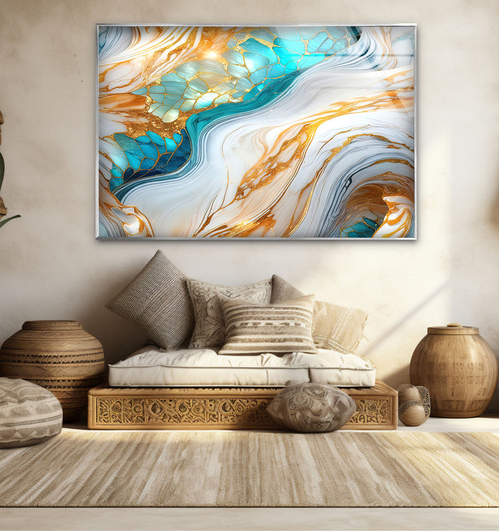 Luxuriöse Wandkunst aus goldenem und türkisfarbenem Marmor – Abstraktes, fließendes Design für moderne Innenräume