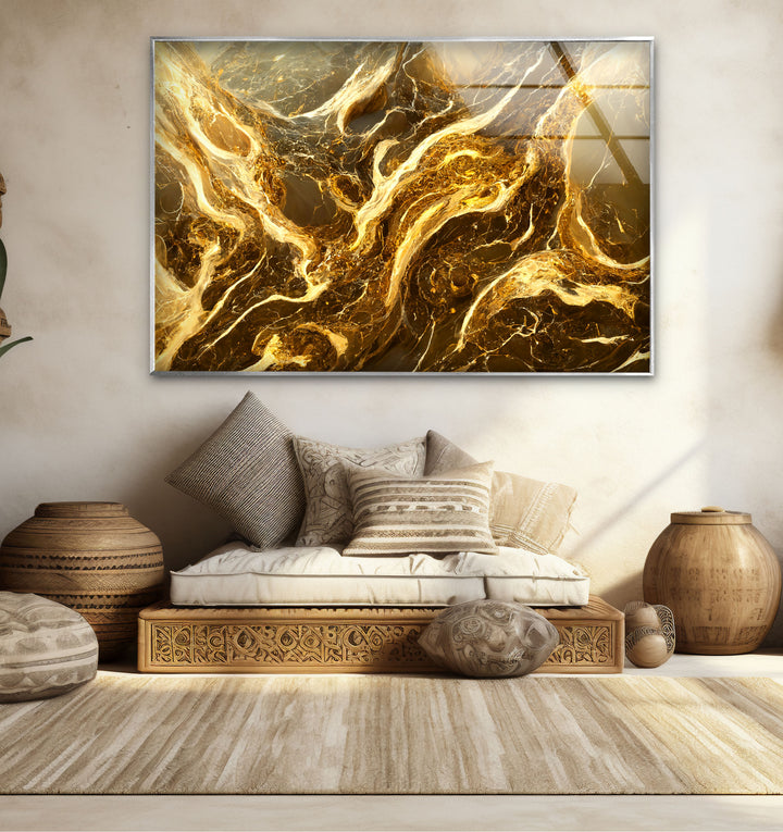 Molten Gold Marble Wall Art – Abstract Luxury Glass Print for Modern Decor