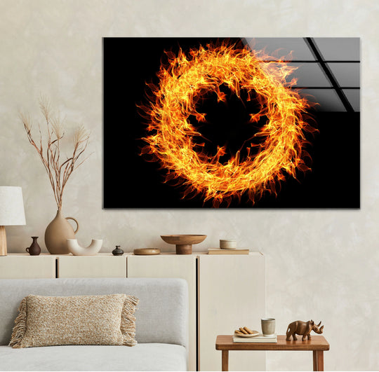 Vibrant, saturated fiery ring glass wall art decor explodes with intense orange and yellow flames against a stark black background.
