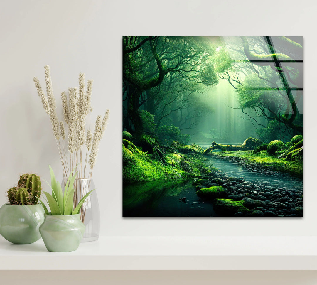 Mystical Enchanted Forest Stream Wall Art – Lush Green Nature Glass Print - MyPhotoStation