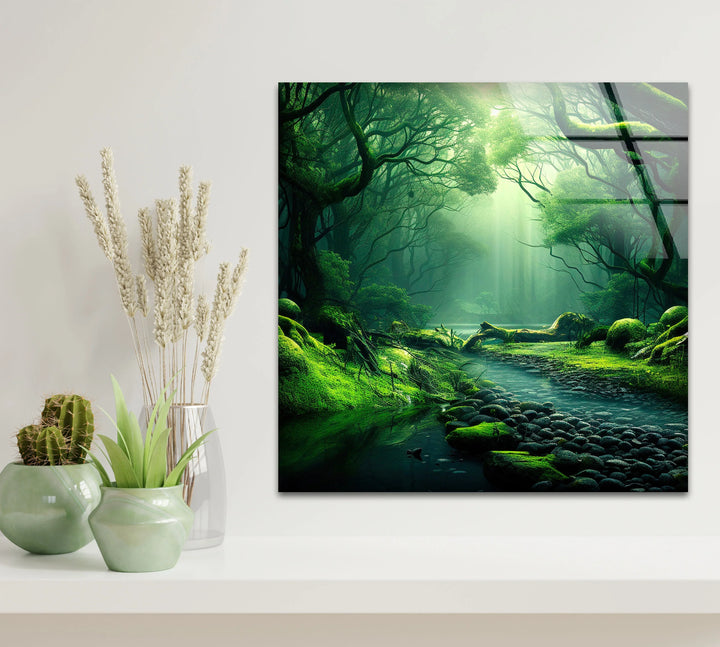 Mystical Enchanted Forest Stream Wall Art – Lush Green Nature Glass Print - MyPhotoStation