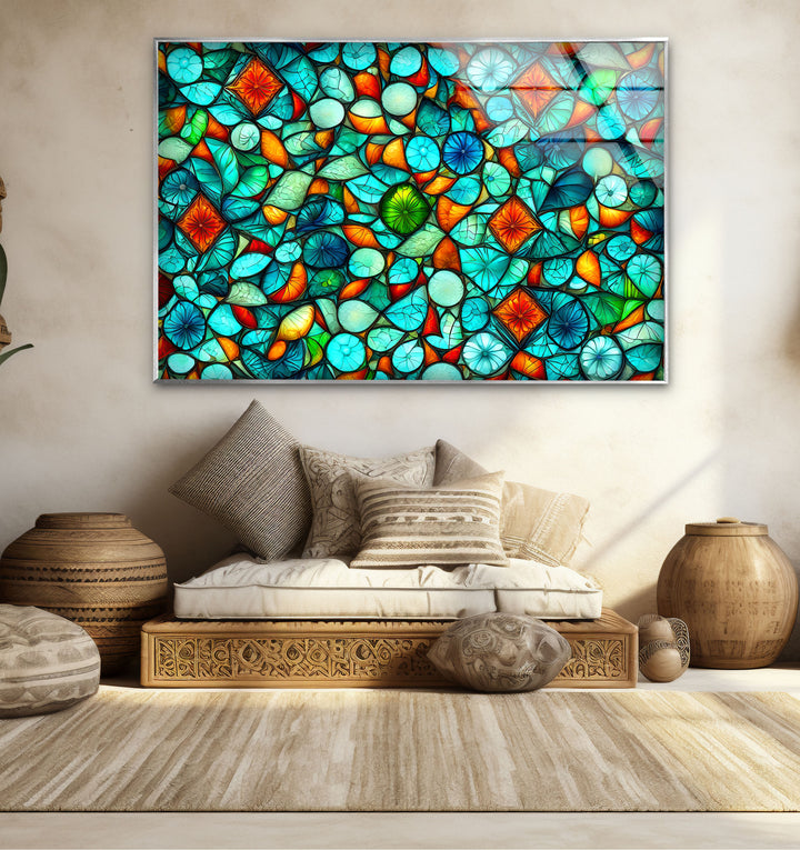 Lebendige Buntglas-Wandkunst – Abstraktes Mosaikmuster in Türkis und Orange