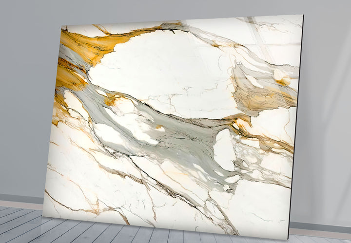 Gold Vein Marble Wall Art – Elegant Glass Print with White and Gray Swirls for Modern Luxury Interiors