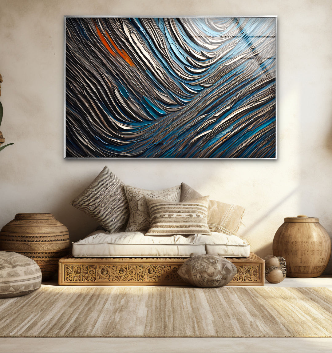 Textured Waves Abstract Glass Wall Art – Blue & Metallic Modern Decor