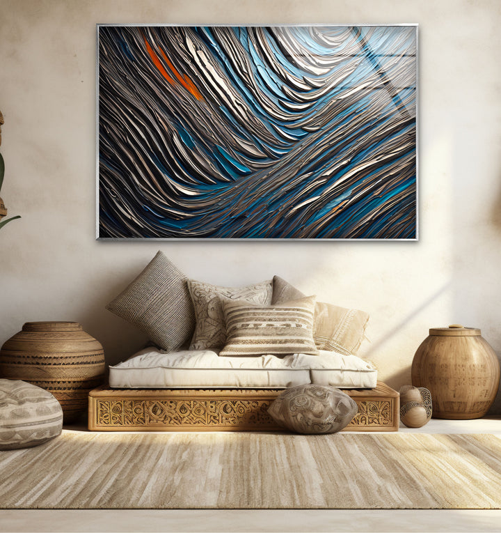 Textured Waves Abstract Glass Wall Art – Blue & Metallic Modern Decor