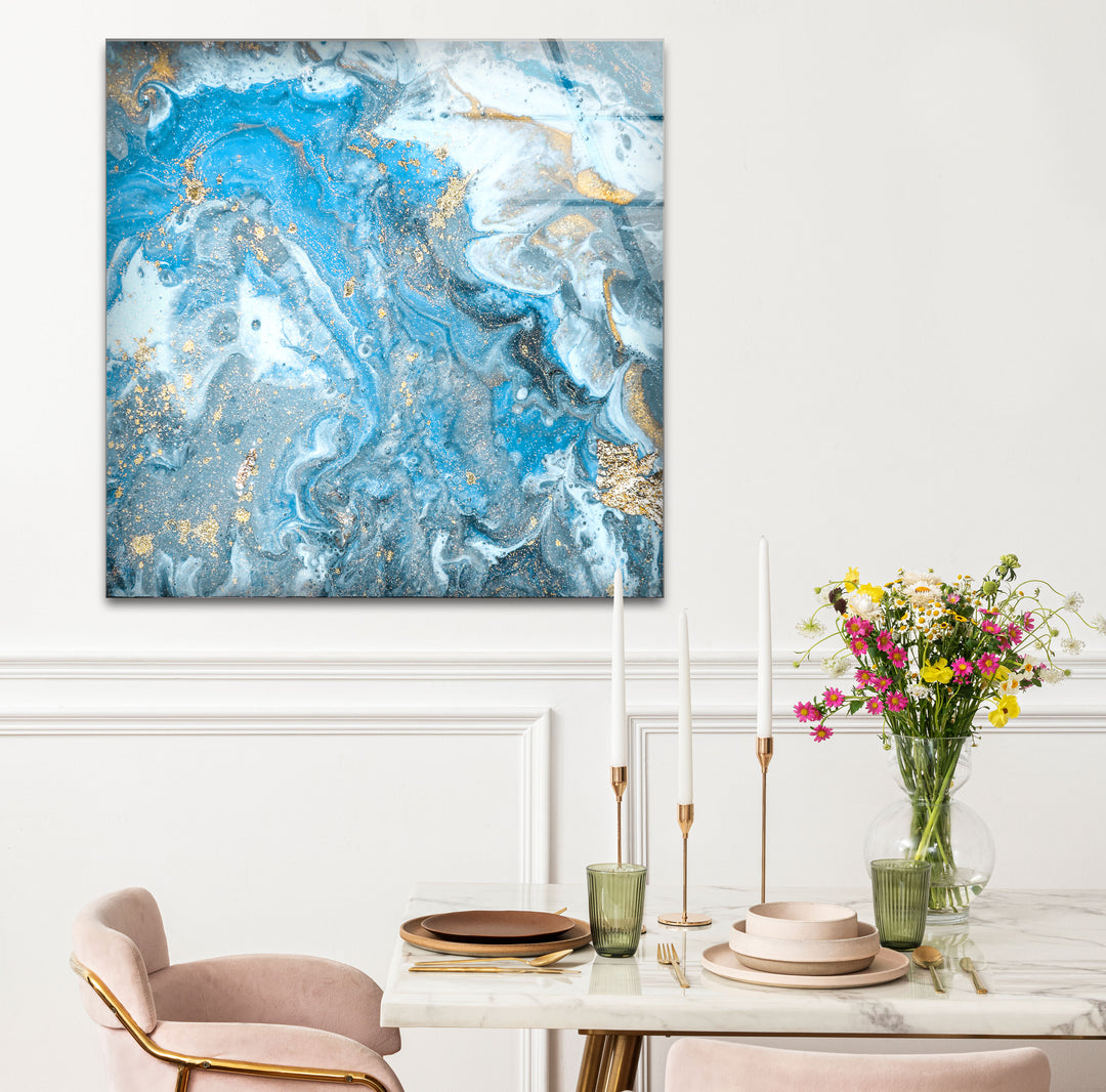 Blue Gold Ocean Marble Wall Art – Elegant Abstract Glass Print Decor