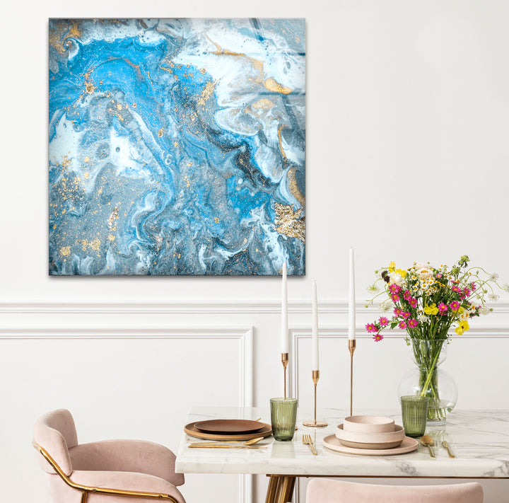 Blue Gold Ocean Marble Wall Art – Elegant Abstract Glass Print Decor