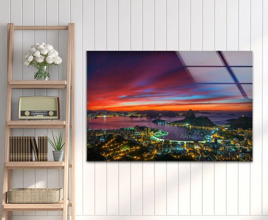 Highlighting the layering effect, the Rio de Janeiro sunset and Sugarloaf Mountain gain depth in this vibrant skyline tempered glass wall art.