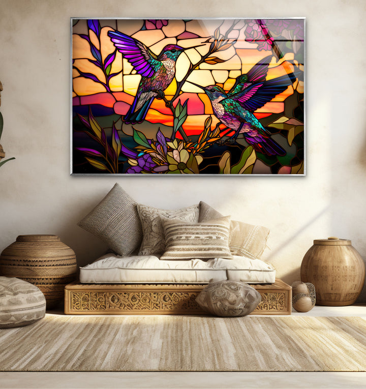 Hummingbird Stained Glass Wall Art – Sunset Floral Window Panel