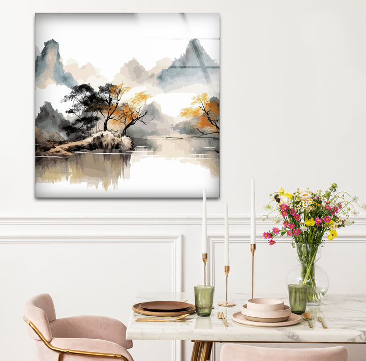 Serene Mountain Lake Wall Art – Asian Landscape Ink Style Glass Print