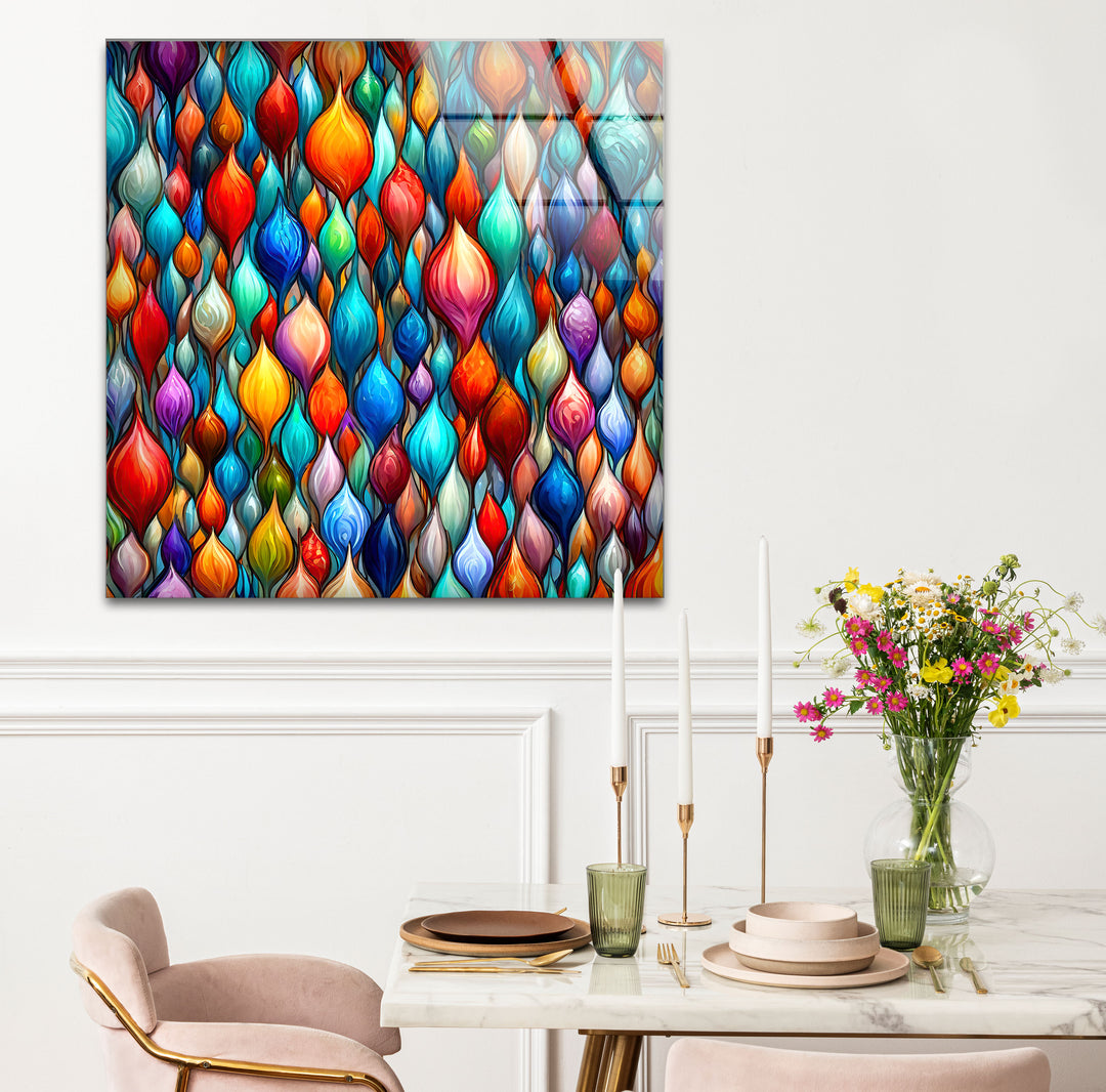 Lebendige abstrakte Glaswandkunst – Buntes Tropfendesign 