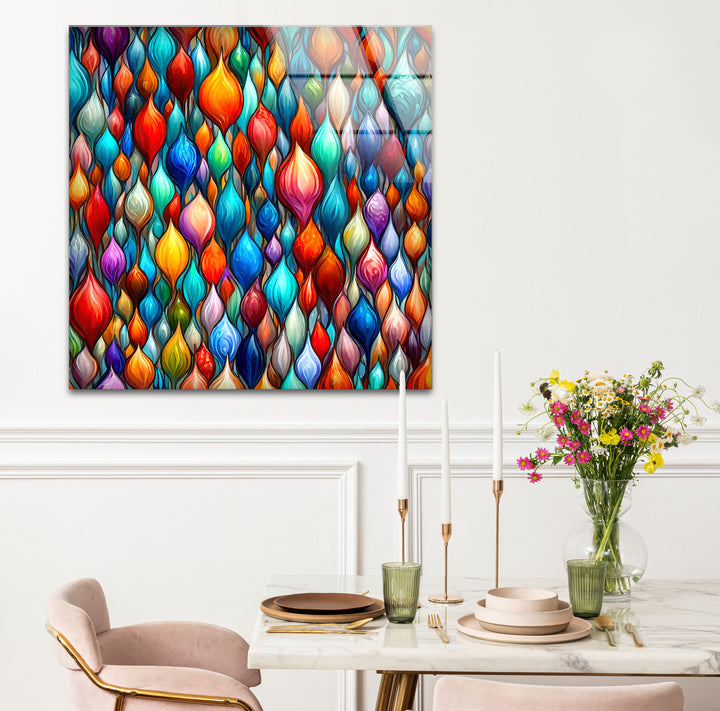 Lebendige abstrakte Glaswandkunst – Buntes Tropfendesign 