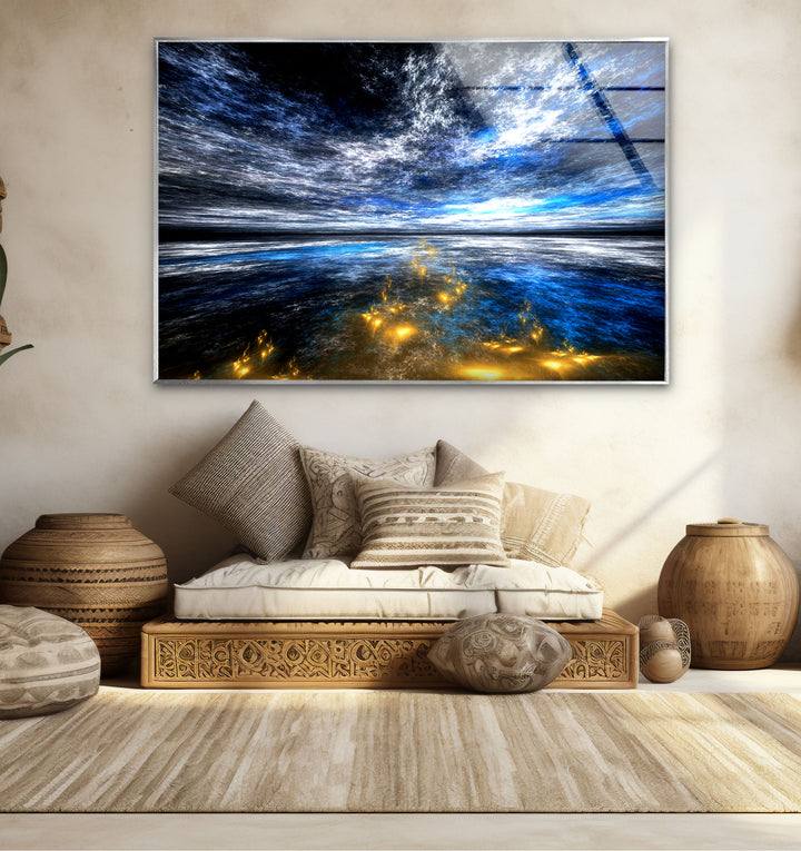 Celestial Ocean Light Wall Art – Abstract Blue and Gold Horizon Glass Print