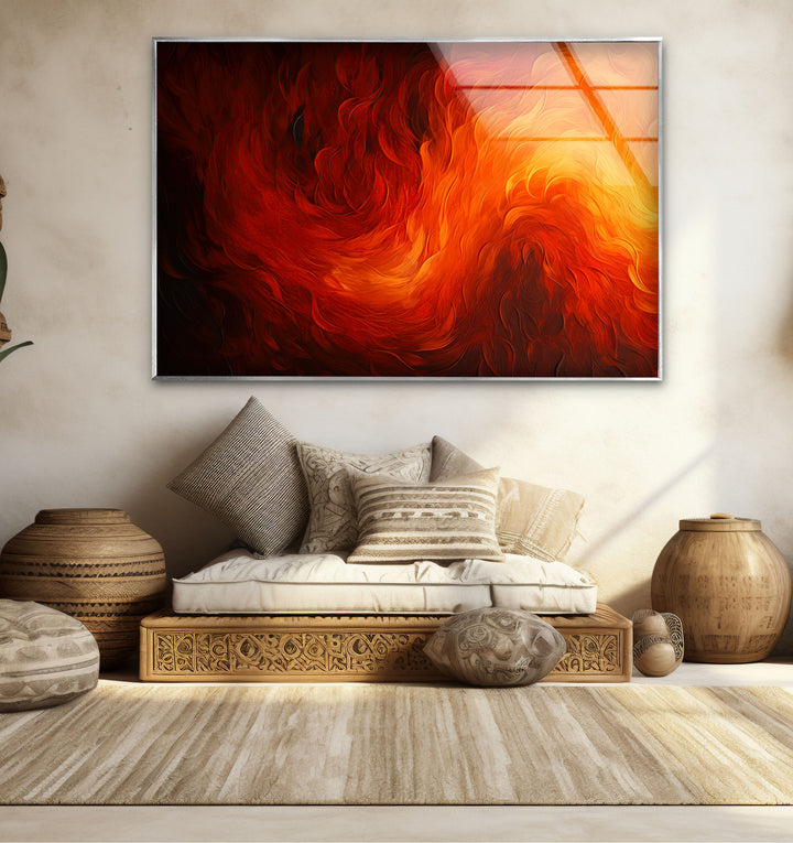 Fiery Abstract Glass Wall Art – Vibrant Red & Orange Flame Energy