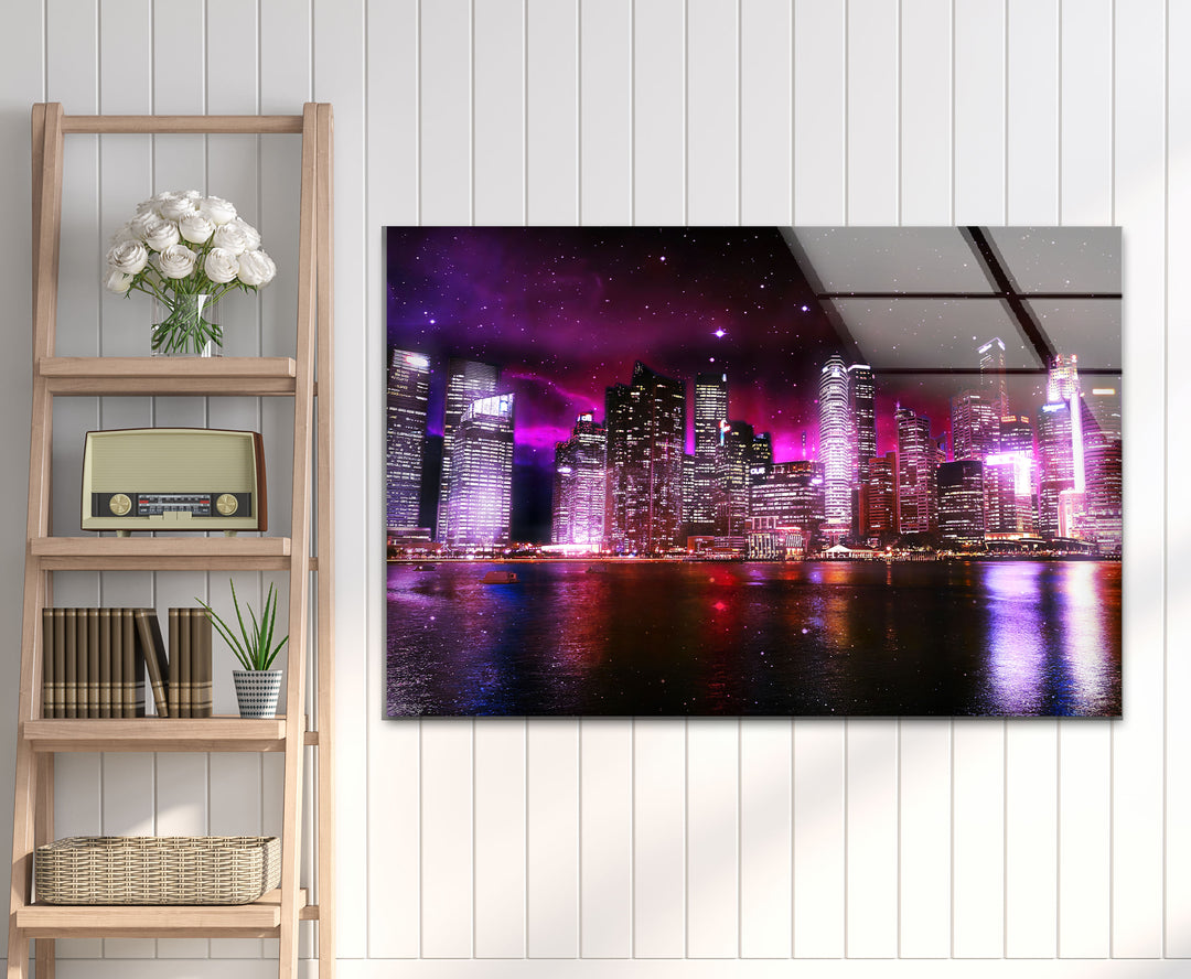 Futuristic Cityscape Wall Art – Neon Skyline Glass Print with Galaxy Night View
