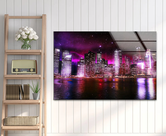 White roses and a vintage radio complement the reflected neon skyline on this glass decorative wall art, creating a cozy juxtaposition.