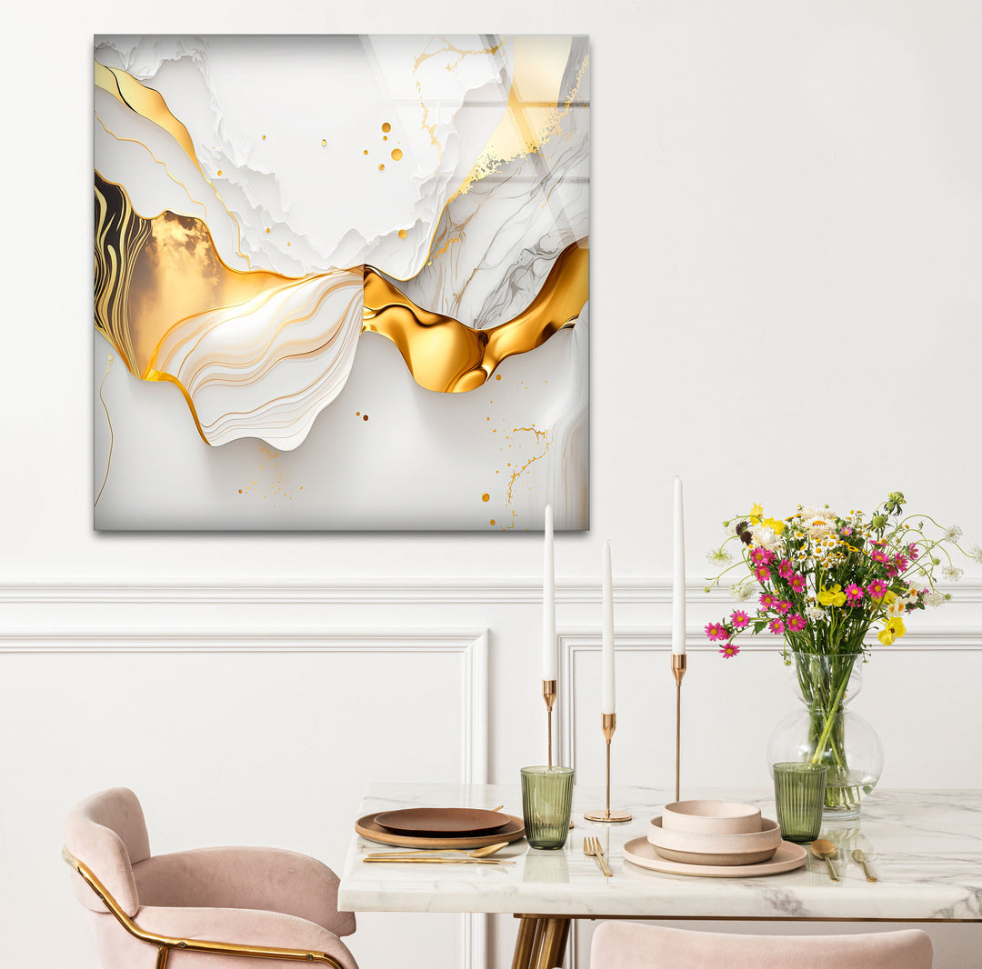 Marble Gold Wave Wall Art – Luxury Abstract Glass Print for Modern Interiors