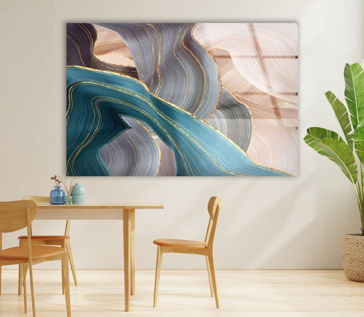 Goldene Adern Abstrakte Wandkunst – Blauer und beiger Glasdruck 