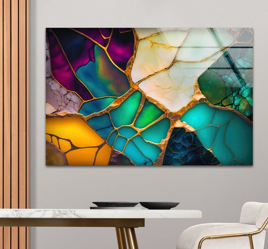 A vibrant and moody abstract glass print with golden fractured lines evokes a sense of luxurious energy, perfect for modern decorative wall art.
