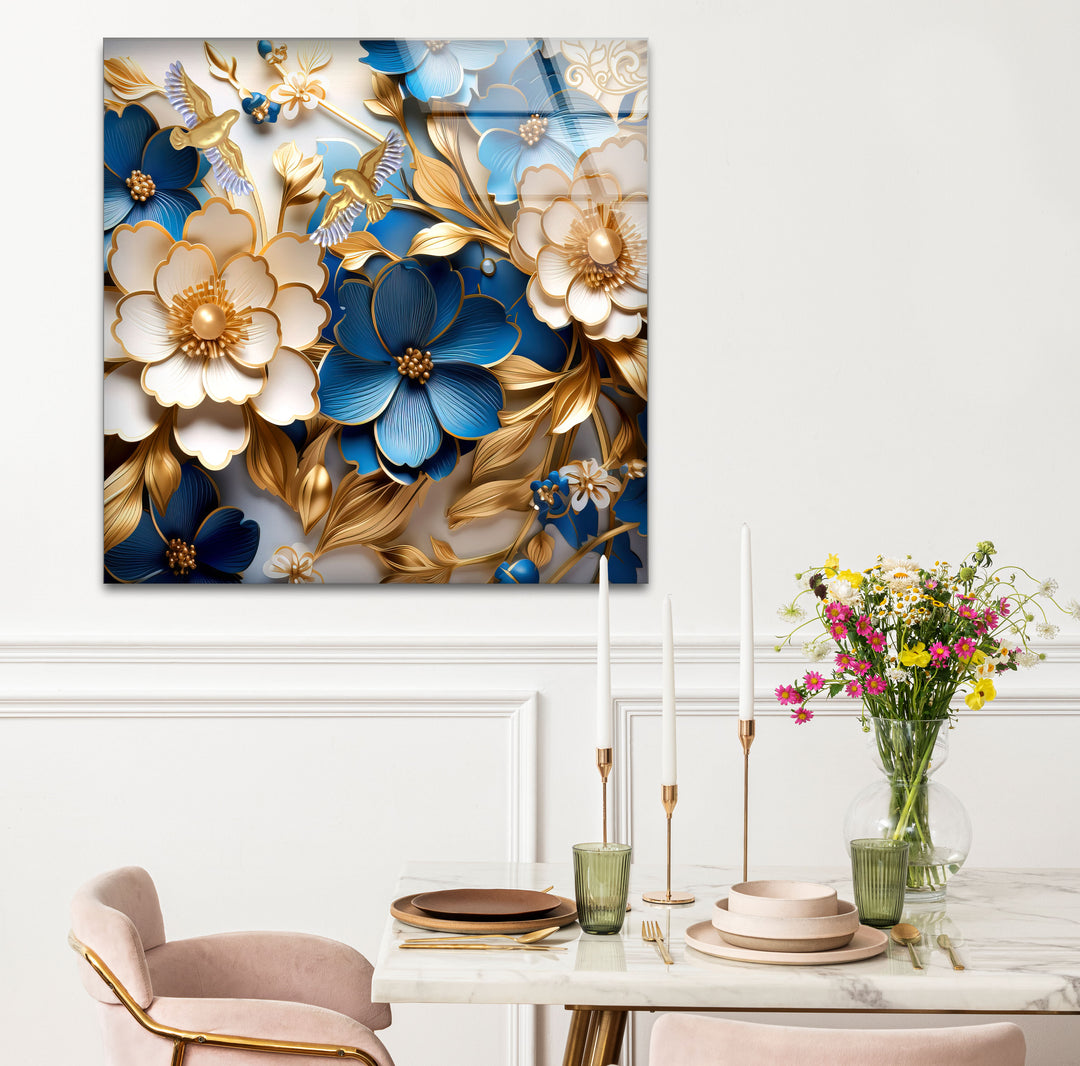 Elegante blau-goldene florale Wandkunst – 3D-Glasplatte für moderne Innenräume