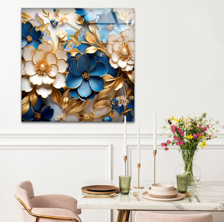 Elegante blau-goldene florale Wandkunst – 3D-Glasplatte für moderne Innenräume