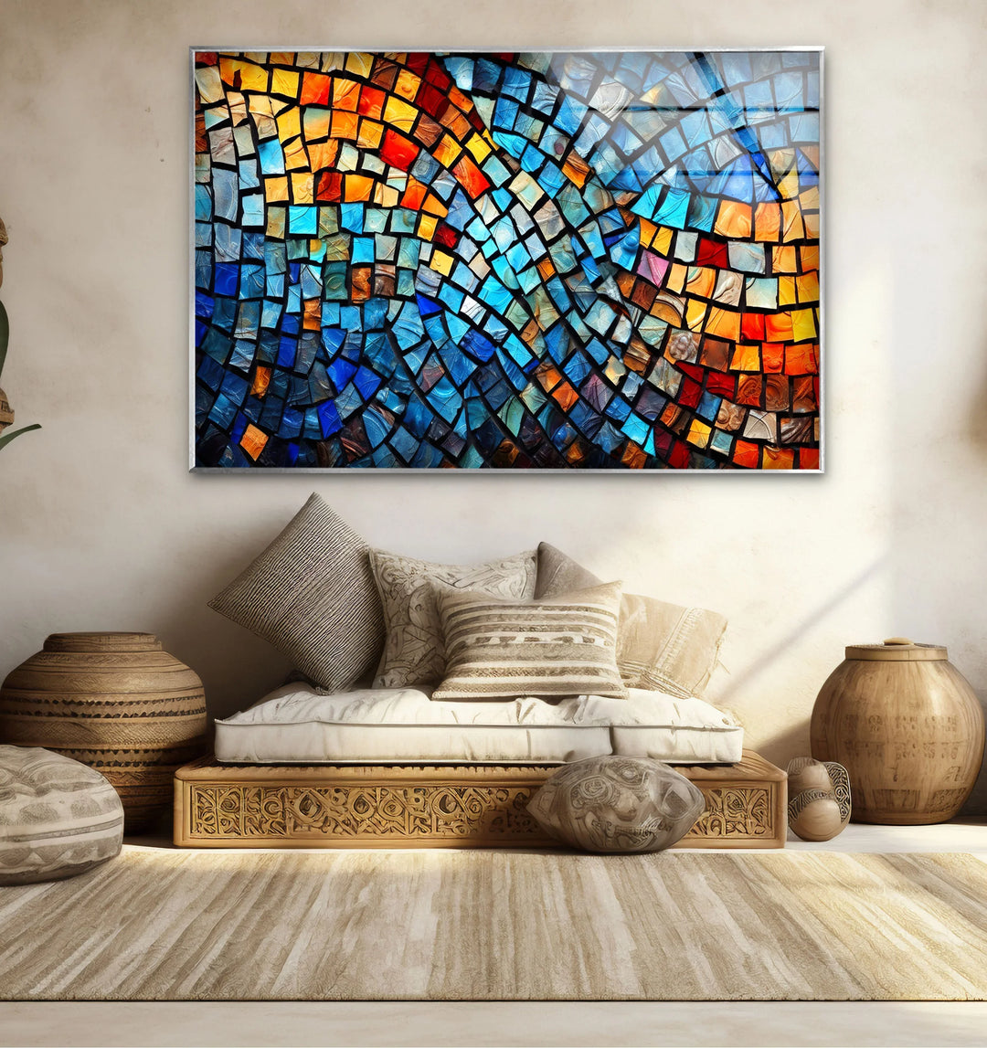 Vibrant Mosaic Wave Glass Wall Art – Colorful Abstract Squares Decor - MyPhotoStation