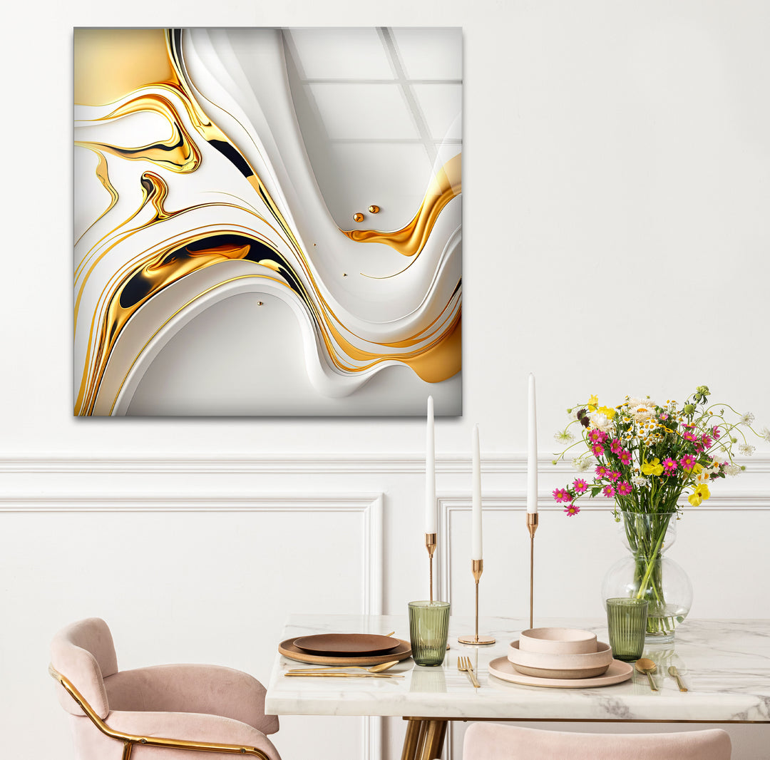 White Gold Fluid Wall Art – Modern Abstract Glass Print for Interior Elegance