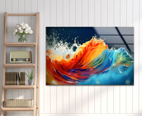 White wood-paneled wall background featuring a glass print of vibrant, abstract wave energy.
