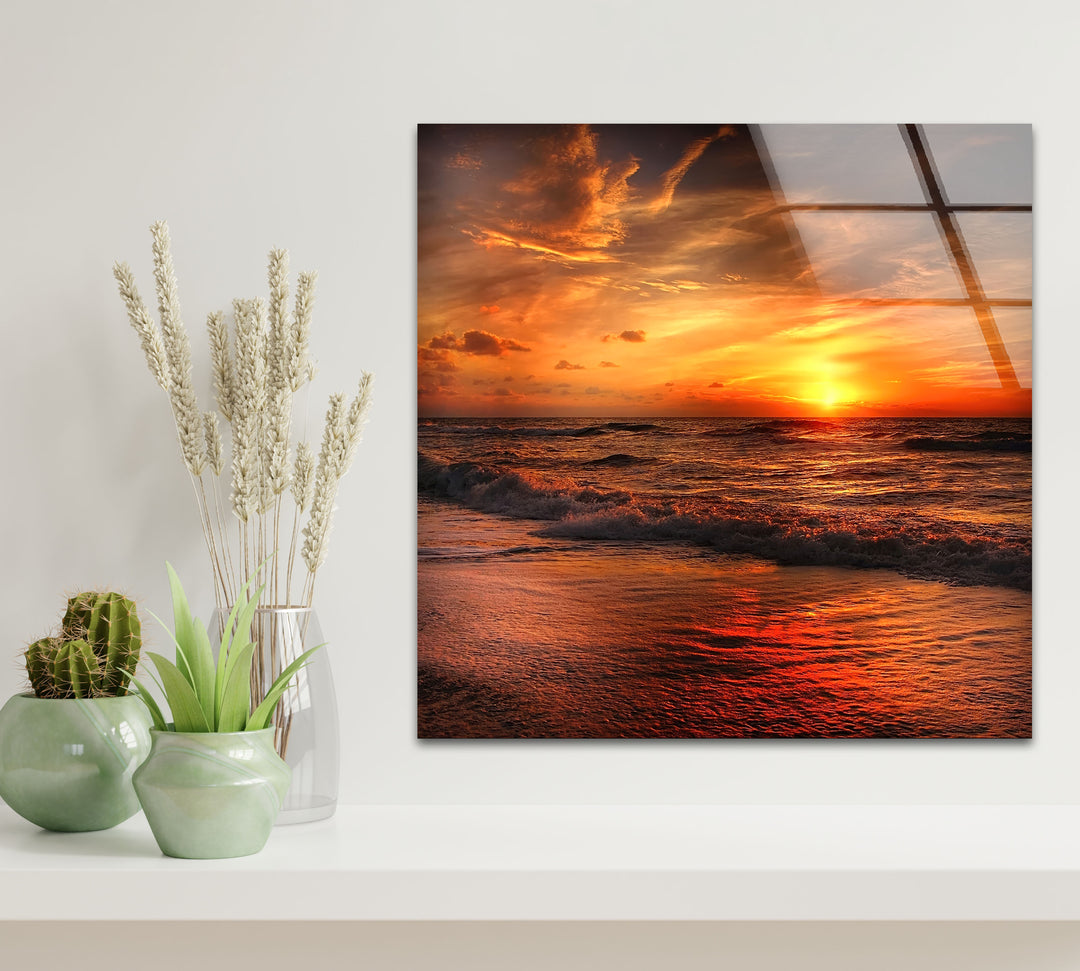 Fiery Sunset Ocean Wall Art – Bold Coastal Glass Print for Dramatic and Modern Interiors
