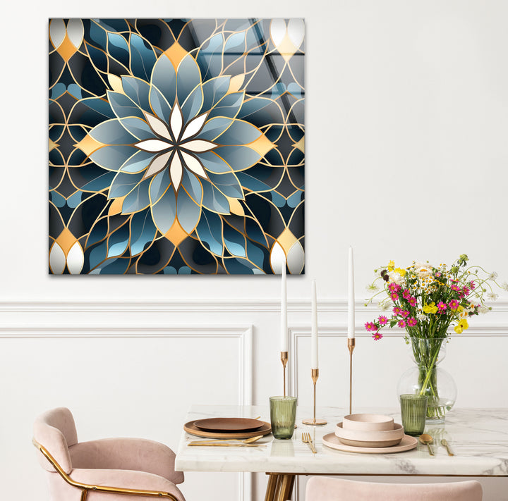 Elegant Lotus Mandala Glass Wall Art – Blue Gold Sacred Geometry Pattern