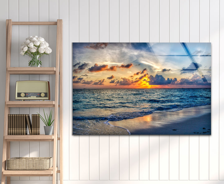Tropical Ocean Sunset Wall Art – Serene Beach Glass Print for Tranquil and Coastal Interiors