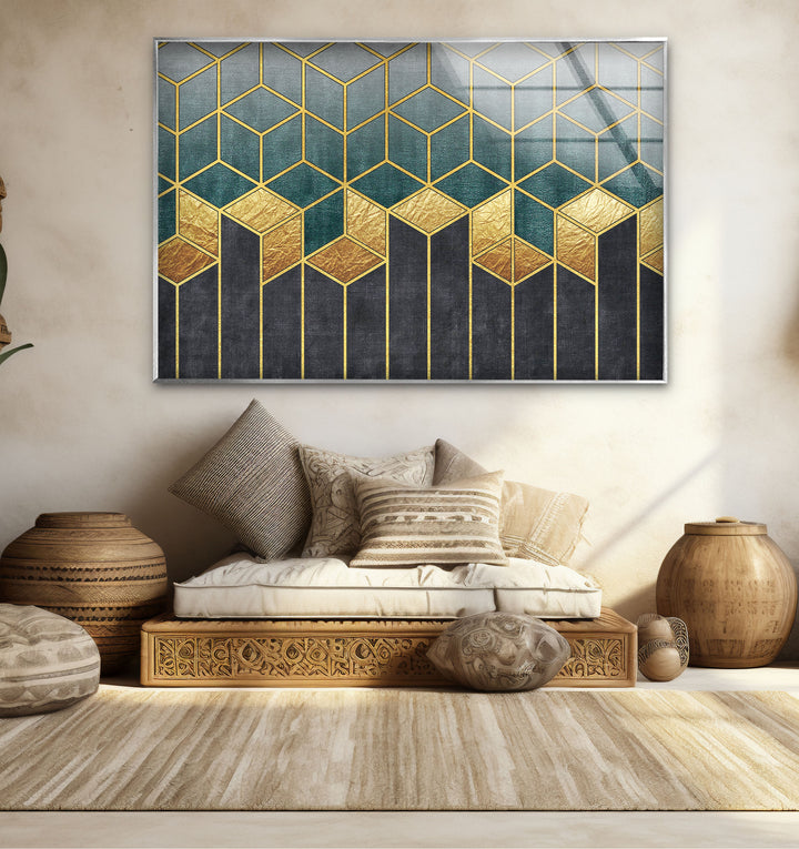 Gold Teal Geometric Wall Art – Luxury Patterned Glass Print for Modern Decor