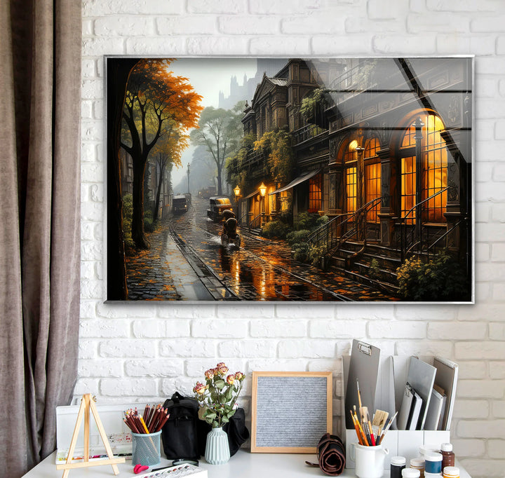 Rainy Vintage Street Wall Art – Warm Autumn Cityscape Glass Print - MyPhotoStation