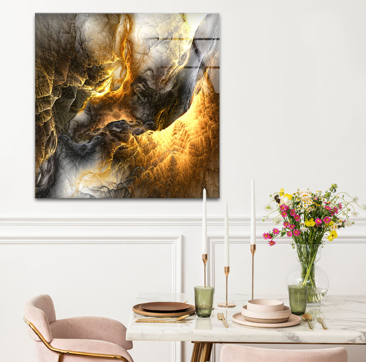 Golden Ember Cavern Wall Art – Textured Abstract Glass Print Decor