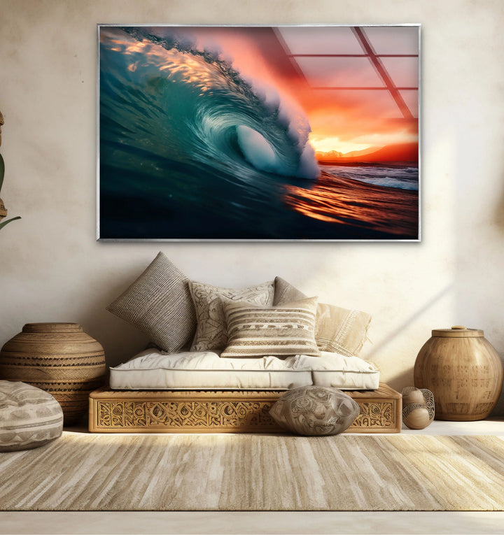 Sunset Barrel Wave Wall Art – Ocean Wave Glass Print for Coastal Home Decor - MyPhotoStation