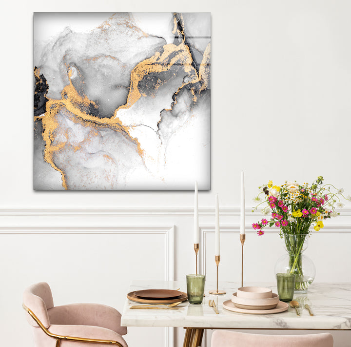 Black White and Gold Abstract Wall Art – Minimalist Glass Print for Modern Decor